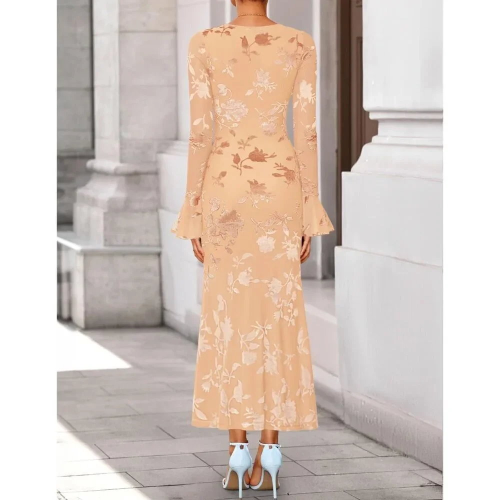 Women's Red Apricot Long Sleeve Spring Fashion Bodycon Mesh Floral Maxi Dress
